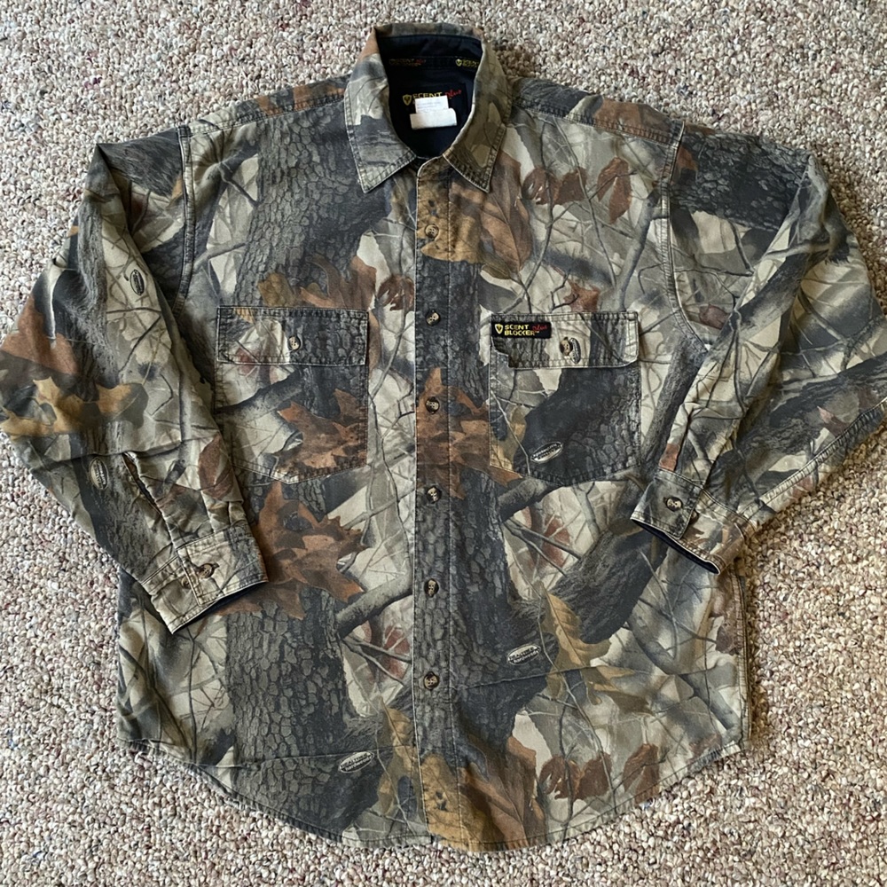 SCENT BLOCKER PLUS Realtree Hardwoods Camouflage Heavy Shirt Mens L Scentek Camo